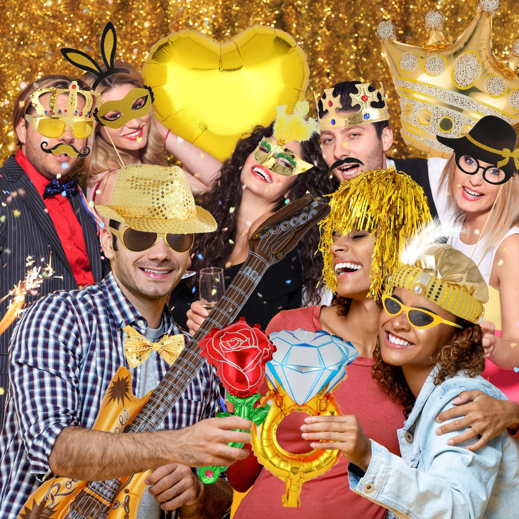 Premium Gold Photo Booth Props Set, Luxury Black & Gold Party Photo Booth Props Kit Accessories, Funny Hats and Glasses, Golden Wig, Inflatable for Graduation, Birthday, Wedding & Bachelorette
