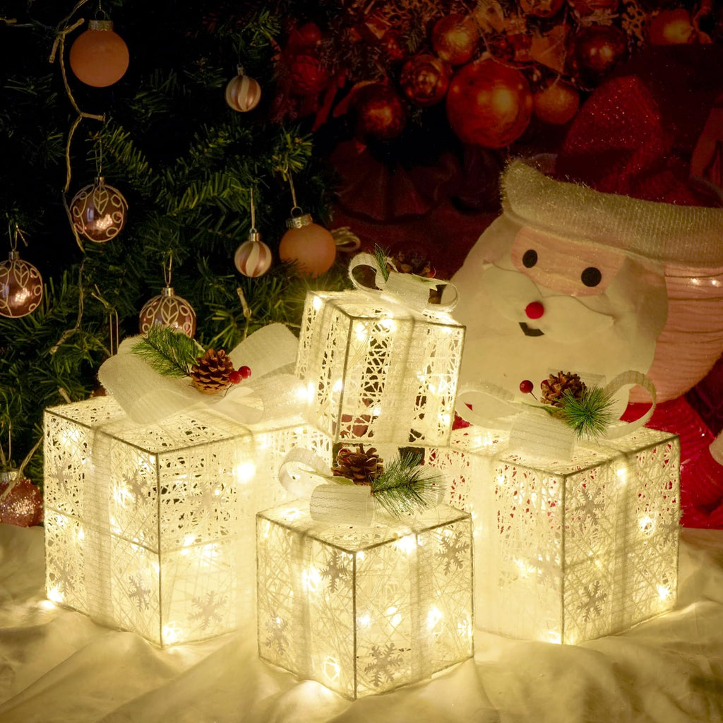 Lighted Christmas Gift Boxes with Gold Linen Holiday Decor