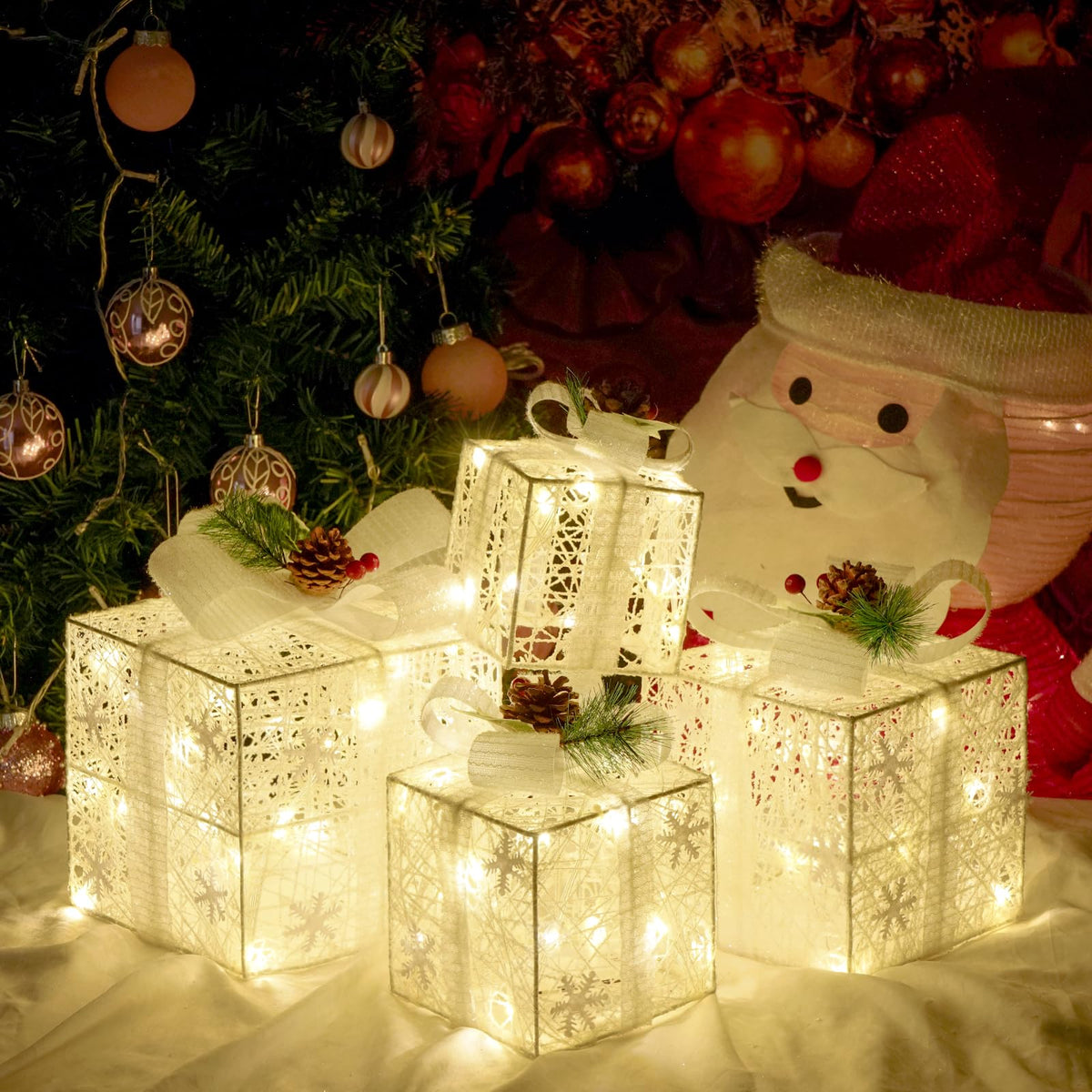 Lighted Christmas Gift Boxes with Gold Linen Holiday Decor
