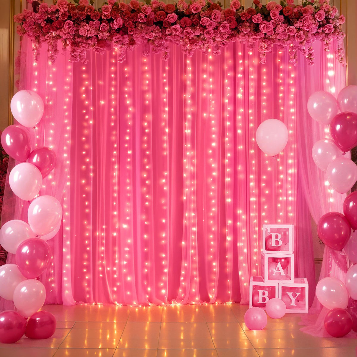 Sheer Tulle Backdrop Curtains with String Lights for Events