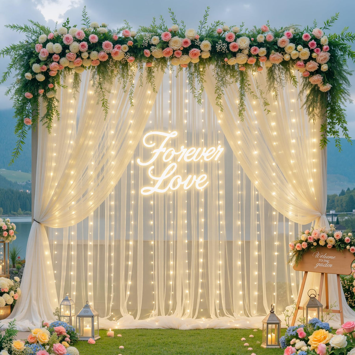 Sheer Tulle Backdrop Curtains with String Lights for Events
