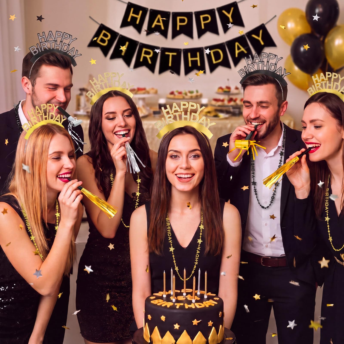 Poen 48 Pcs Black Gold Happy Birthday Party Supplies Kit Photo Booth Props