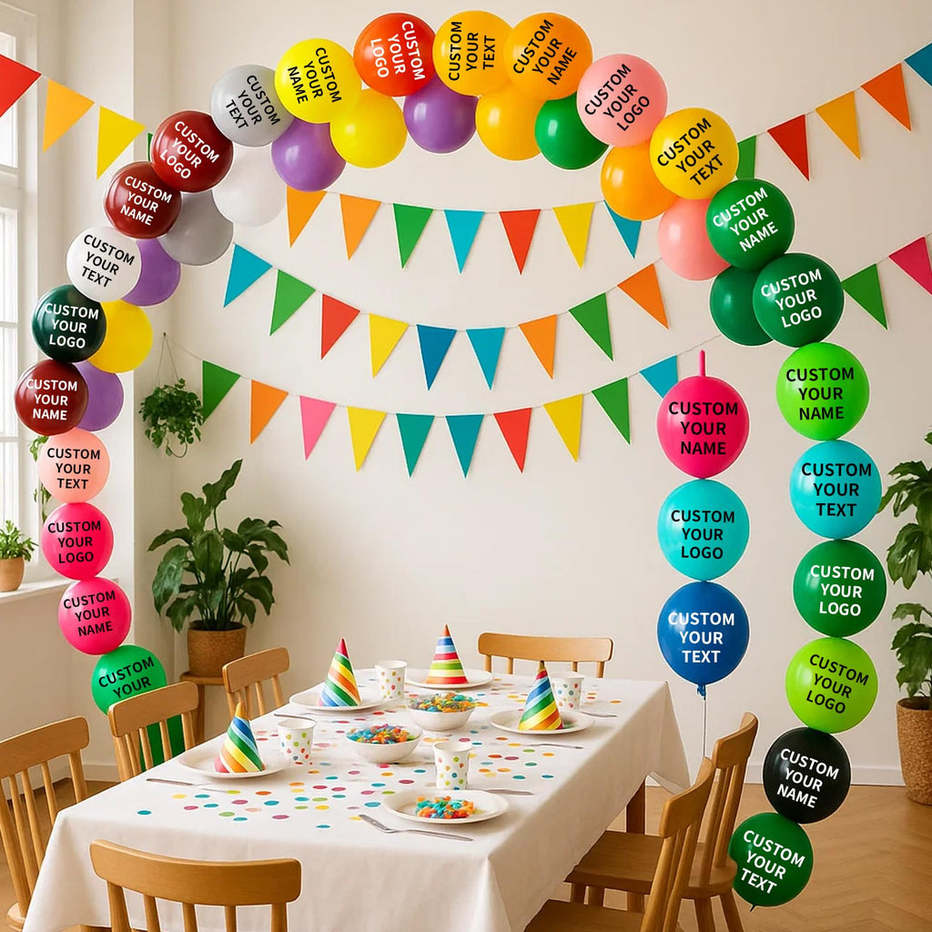 100 Pcs Custom Link Balloons with LOGO/Text –12 inch Personalized Latex Linking Balloons with Tail for Balloon Arch, Chain, Garland and Backdrop Setup for Decoration