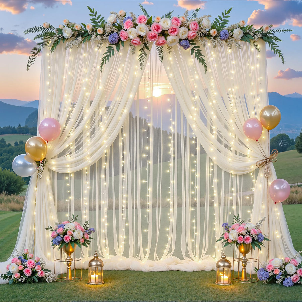 Sheer Tulle Backdrop Curtains with String Lights for Events
