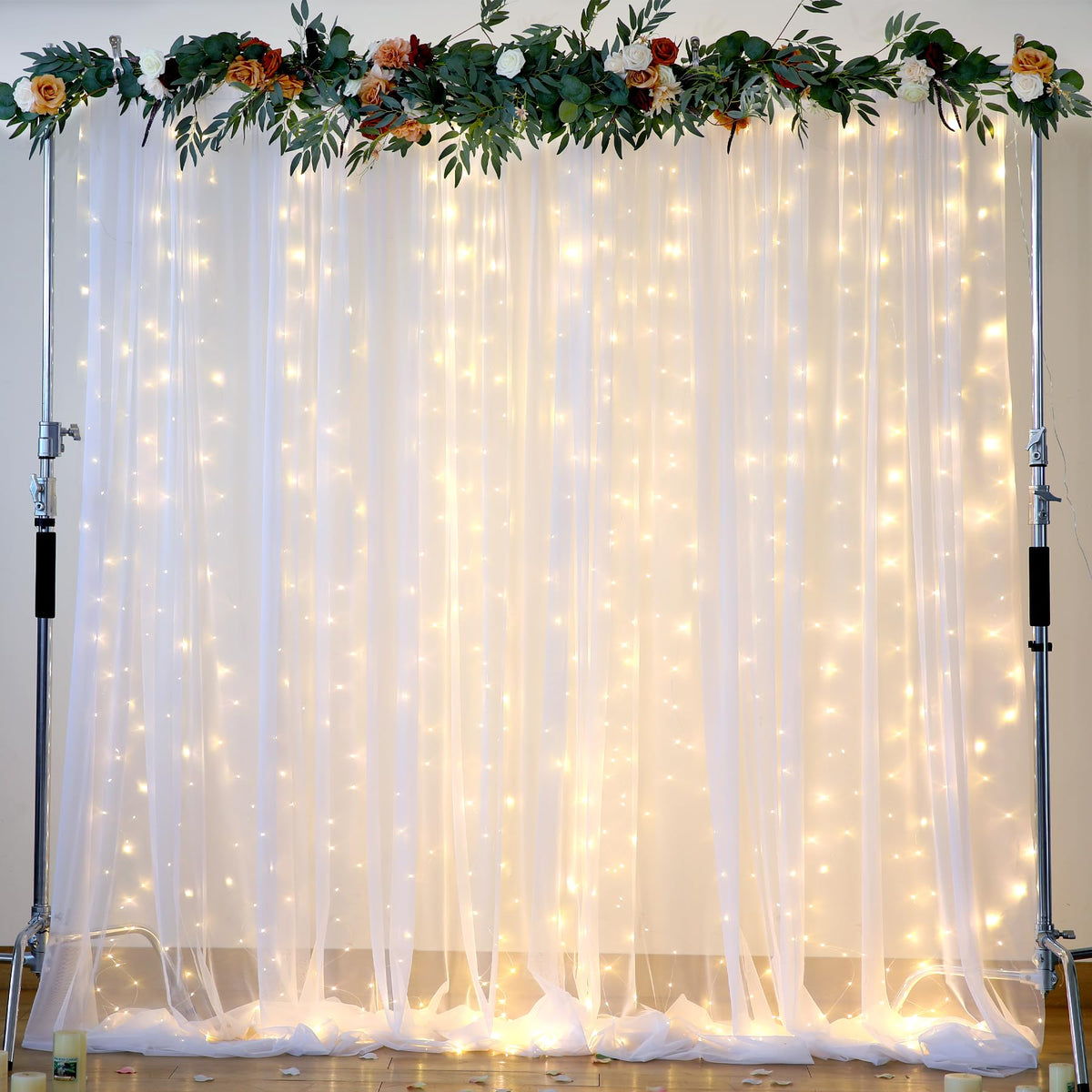 Sheer Tulle Backdrop Curtains with String Lights for Events