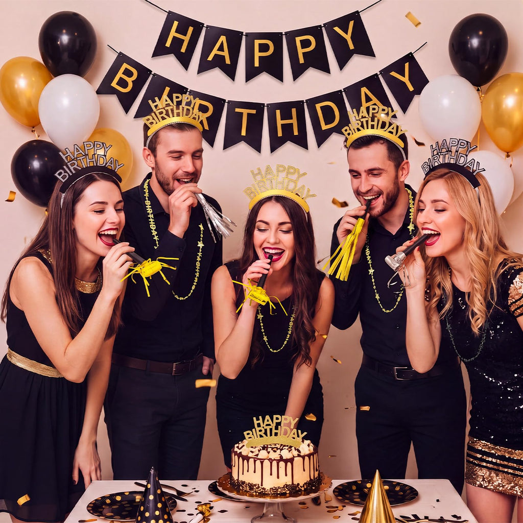 Poen 48 Pcs Black Gold Happy Birthday Party Supplies Kit Photo Booth Props