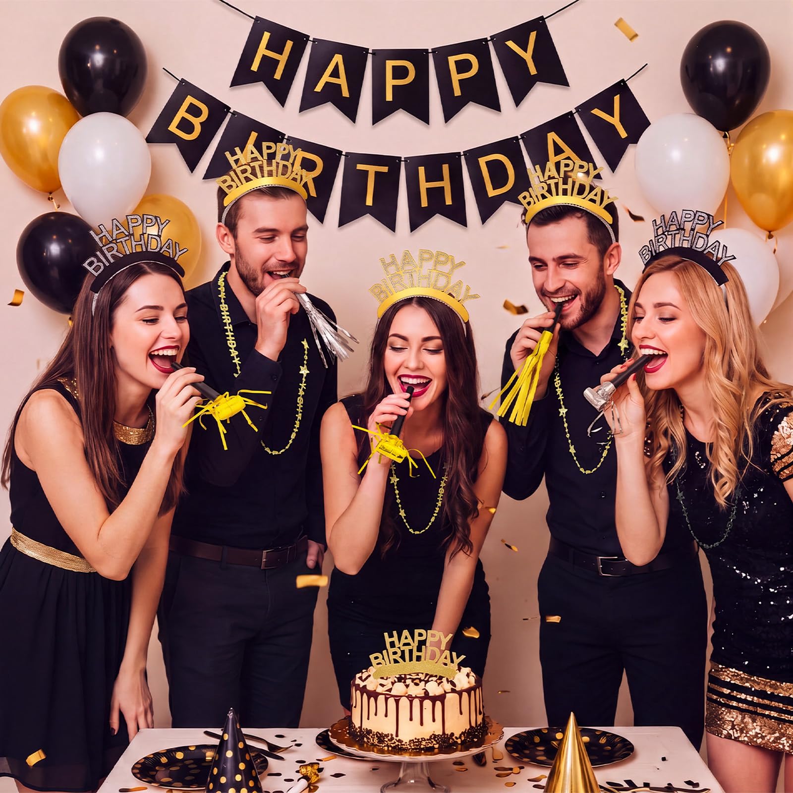 Poen 48 Pcs Black Gold Happy Birthday Party Supplies Kit Photo Booth Props