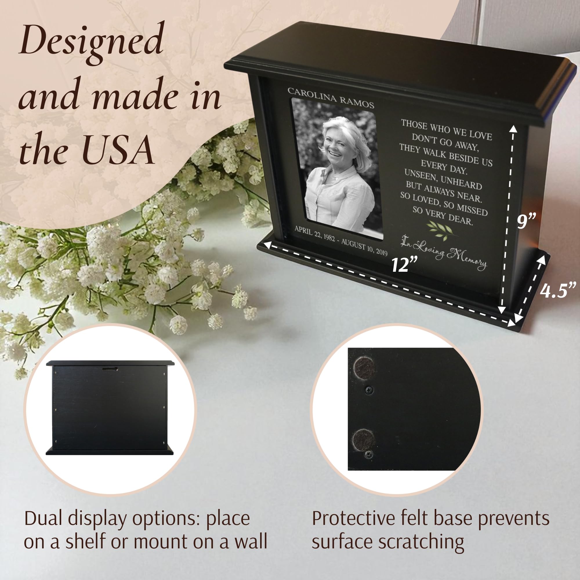 LifeSong Milestones Personalized Engraved Wooden Cremation Urn Box for Adult Human Ashes 4.5x9in Holds 4x6 Photo Picture Frame for Loss of Loved One Those who we love Holds 175cu.in Human Ashes
