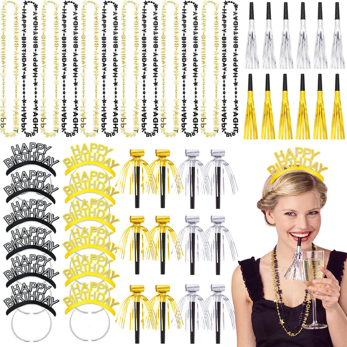 Poen 48 Pcs Black Gold Happy Birthday Party Supplies Kit Photo Booth Props