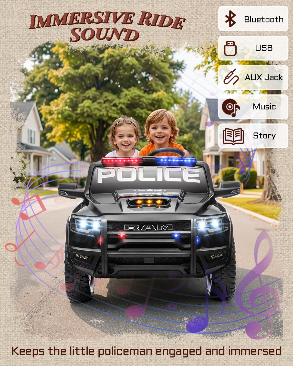 Licensed Ram 1500 RHO 24V Kids Ride on Car, 2-Seater Firetruck and Police Ride on Car with Remote Control, Electric Car for Kids with Siren, Flashing Lights, Bed Storage 180W