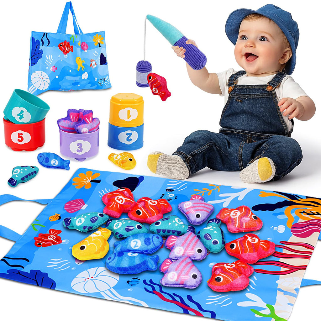 Arovan Montessori Toys for 1 Year Old - 10 in 1 Cloth Toddler Fishing Game with Stacking Cups, Baby Toy 12-18 Months One Year Old Boy Birthday Gift, Toddler Toys for 1 2 Year Old Boy Girl Gifts