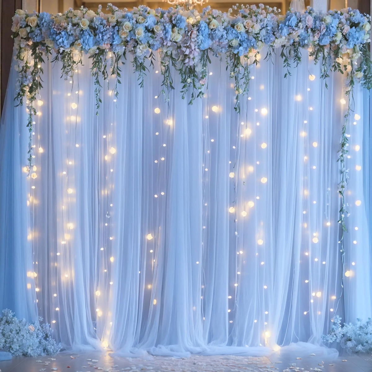Sheer Tulle Backdrop Curtains with String Lights for Events