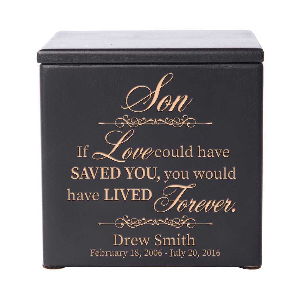 LifeSong Milestones Personalized Small Wooden Cremation Urn for Son’s Ashes | Handmade Funeral Urn Holds 49 cu in, 4.5x4.5x4.75 – “Son, If Love Could Have”