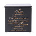 LifeSong Milestones Personalized Small Wooden Cremation Urn for Son’s Ashes | Handmade Funeral Urn Holds 49 cu in, 4.5x4.5x4.75 – “Son, If Love Could Have”