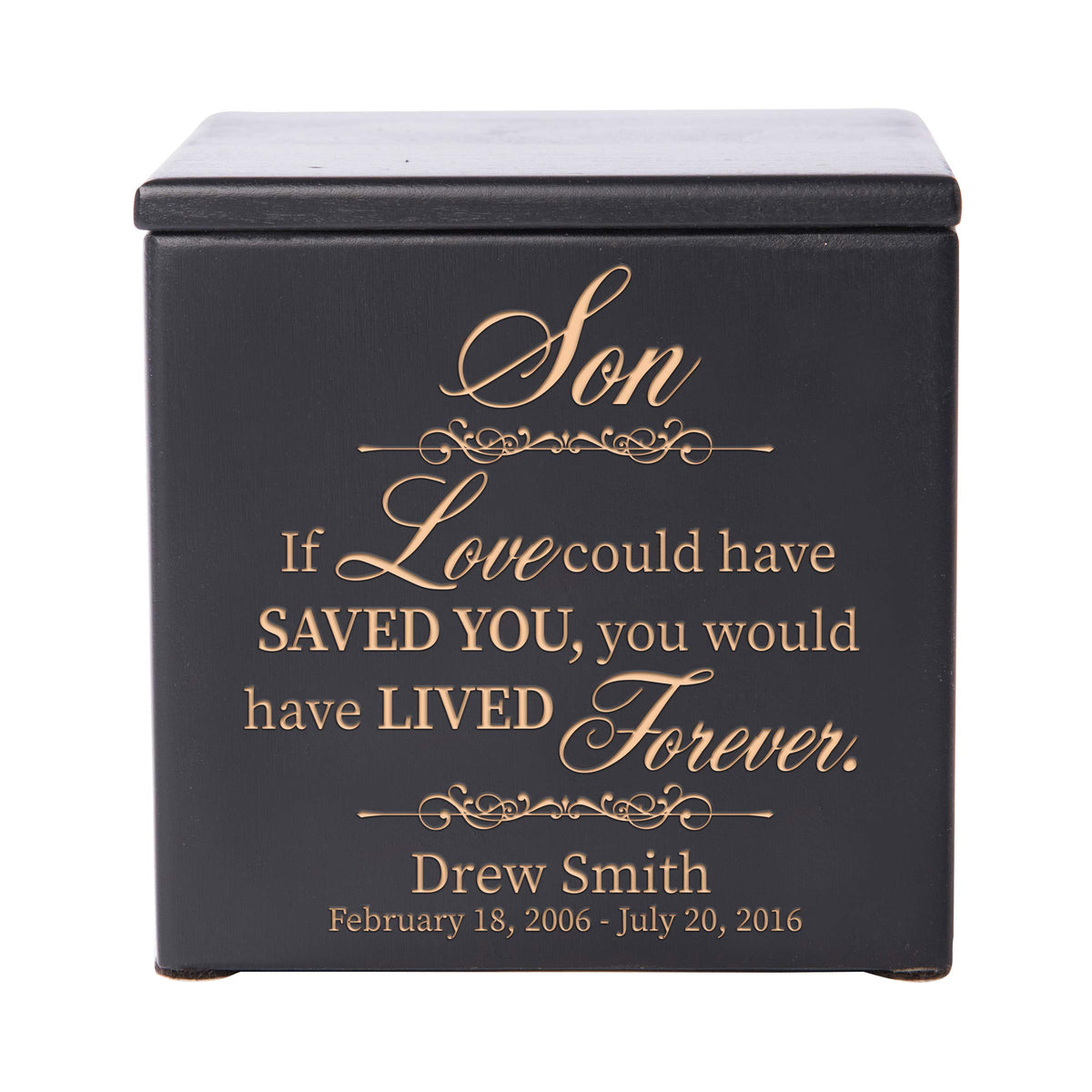 LifeSong Milestones Personalized Small Wooden Cremation Urn for Son’s Ashes | Handmade Funeral Urn Holds 49 cu in, 4.5x4.5x4.75 – “Son, If Love Could Have”