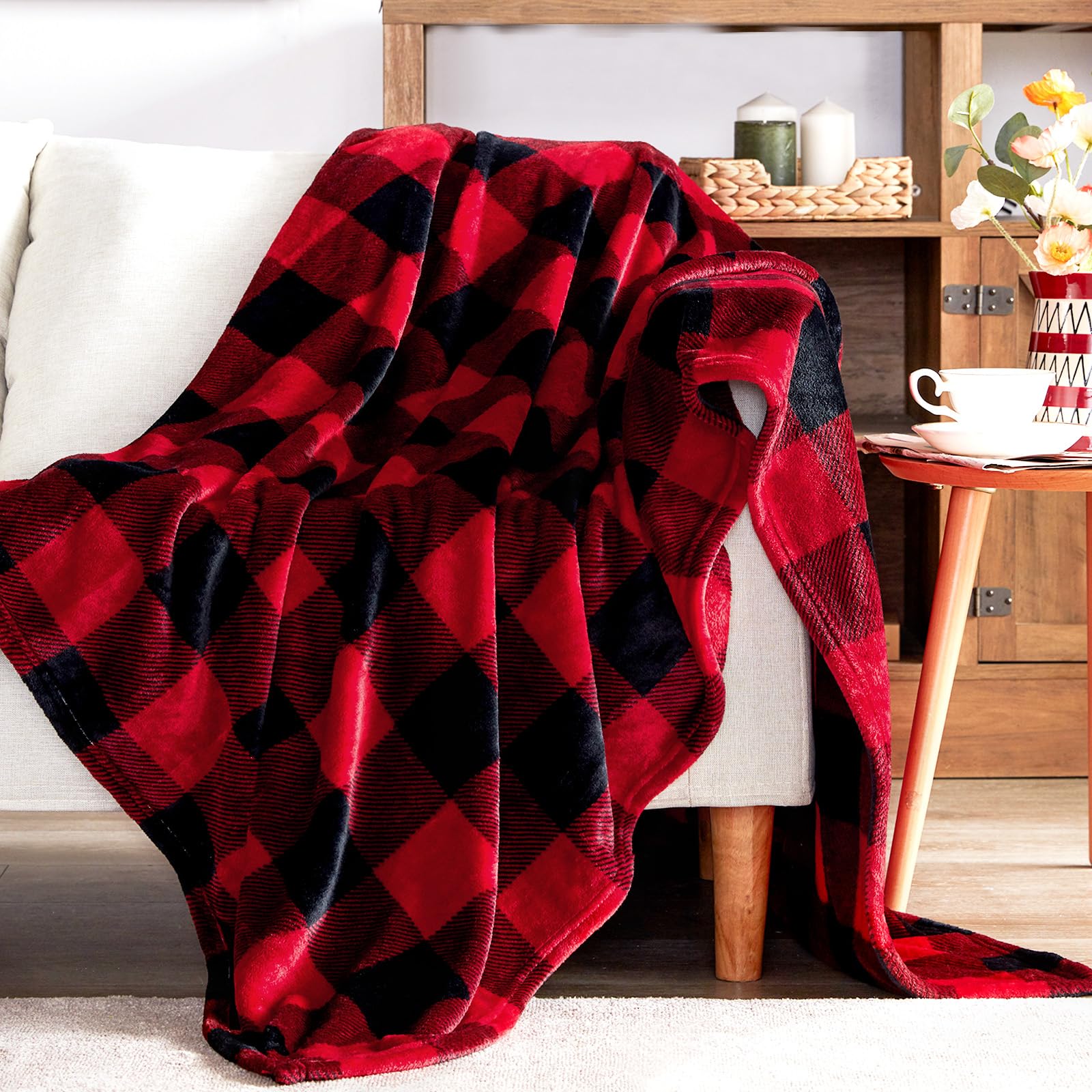 Buffalo Plaid Fleece Throw Blanket for Couch, Sofa & Bed