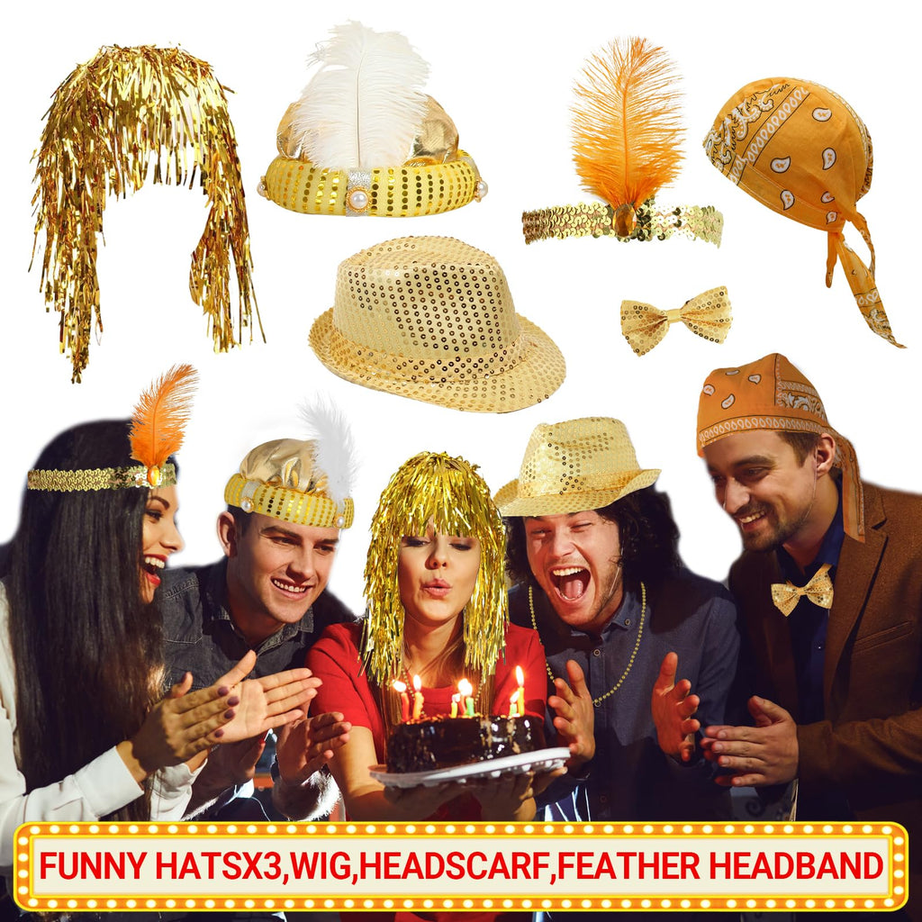 Premium Gold Photo Booth Props Set, Luxury Black & Gold Party Photo Booth Props Kit Accessories, Funny Hats and Glasses, Golden Wig, Inflatable for Graduation, Birthday, Wedding & Bachelorette
