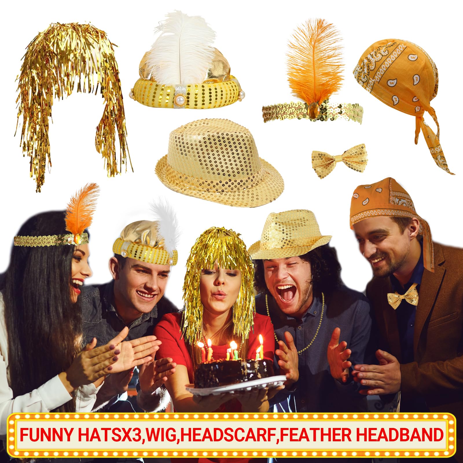 Premium Gold Photo Booth Props Set, Luxury Black & Gold Party Photo Booth Props Kit Accessories, Funny Hats and Glasses, Golden Wig, Inflatable for Graduation, Birthday, Wedding & Bachelorette