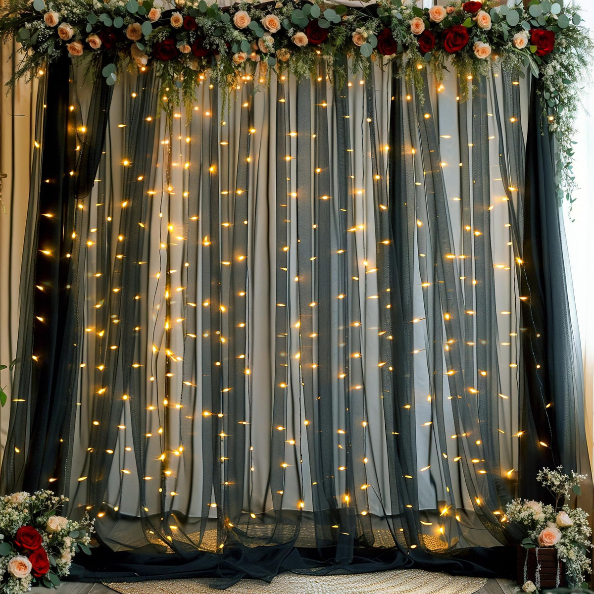 Sheer Tulle Backdrop Curtains with String Lights for Events