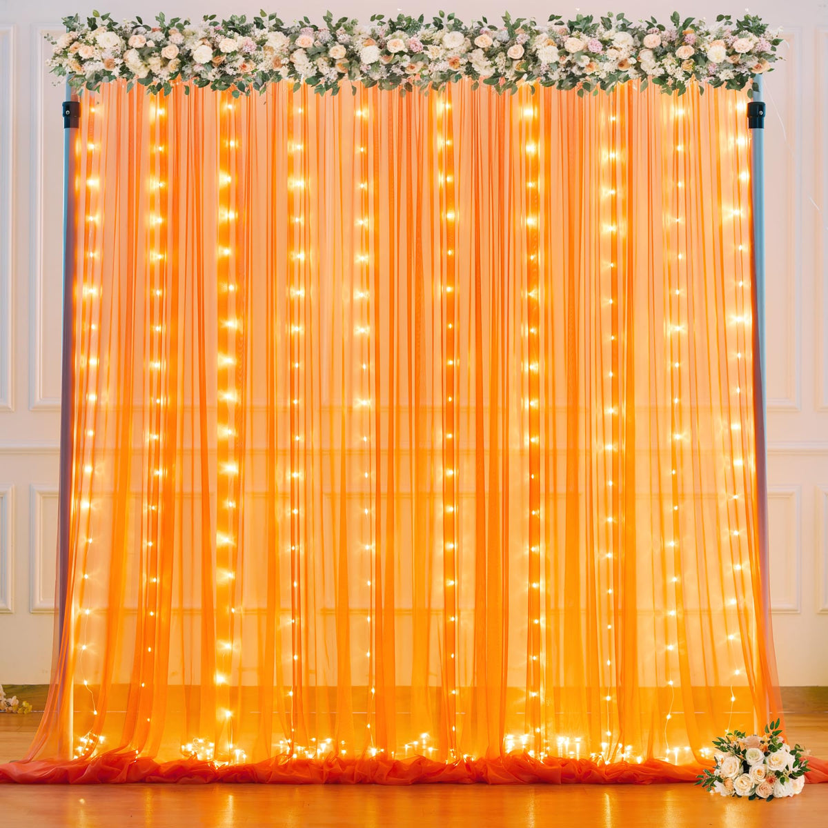 Sheer Tulle Backdrop Curtains with String Lights for Events
