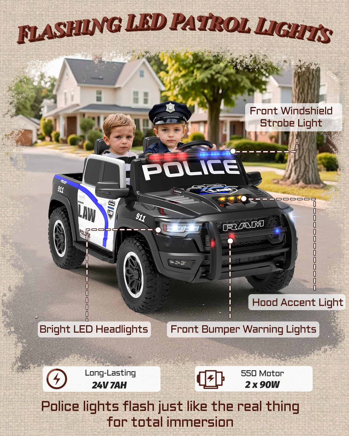 Licensed Ram 1500 RHO 24V Kids Ride on Car, 2-Seater Firetruck and Police Ride on Car with Remote Control, Electric Car for Kids with Siren, Flashing Lights, Bed Storage 180W