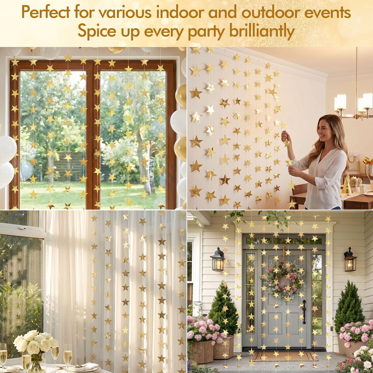 CANREVEL Pre-Strung Gold Star Garland Banner 156 Ft Hanging Star Decoration