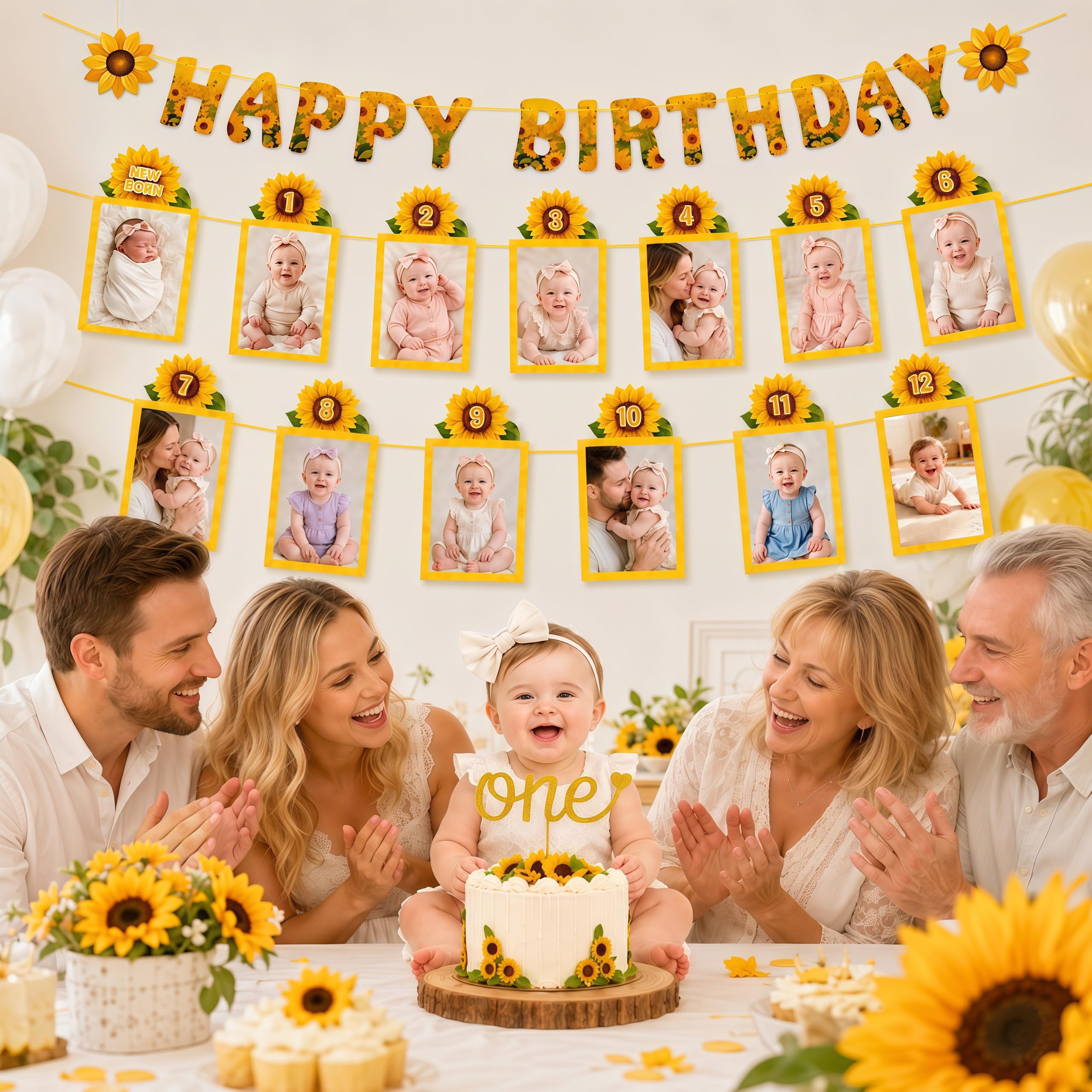 Msvphink Sunflower 1st Birthday Photo Banner Set – 29 pcs, Newborn to 12 Months Milestone Banner, Happy Birthday Banner & Gold "one" Cake Topper, 4x6 5x7 Photos, Baby Boy Girl First Birthday Decorations