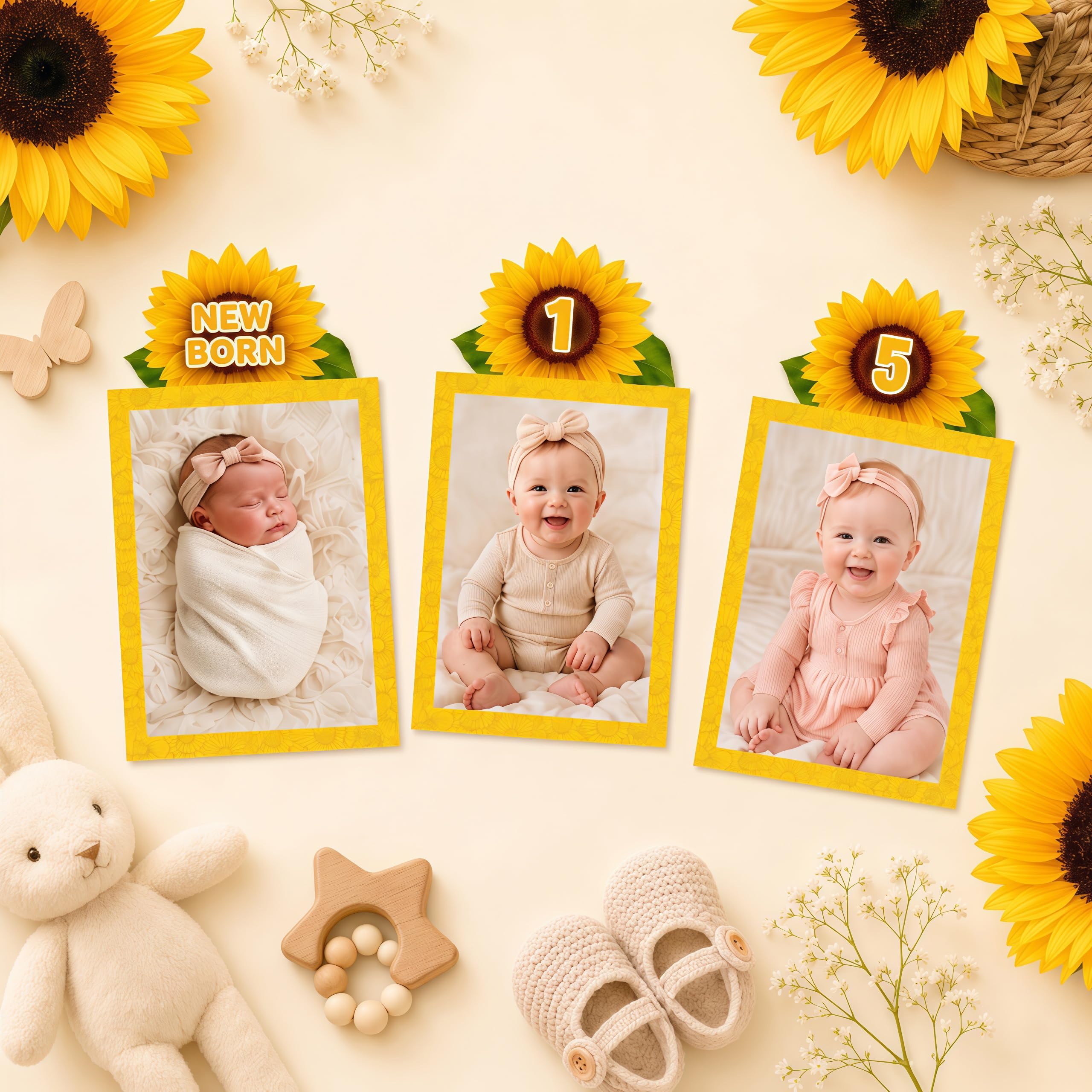 Msvphink Sunflower 1st Birthday Photo Banner Set – 29 pcs, Newborn to 12 Months Milestone Banner, Happy Birthday Banner & Gold "one" Cake Topper, 4x6 5x7 Photos, Baby Boy Girl First Birthday Decorations