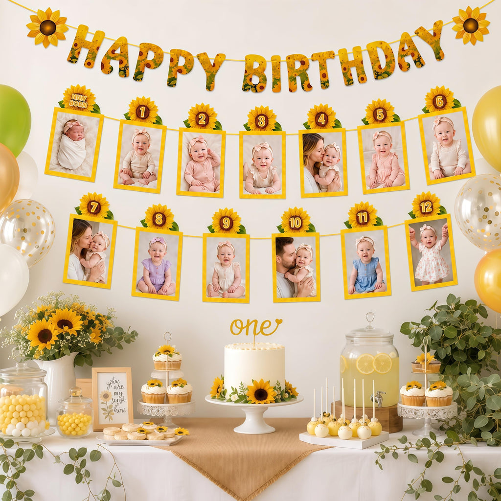 Msvphink Sunflower 1st Birthday Photo Banner Set – 29 pcs, Newborn to 12 Months Milestone Banner, Happy Birthday Banner & Gold "one" Cake Topper, 4x6 5x7 Photos, Baby Boy Girl First Birthday Decorations