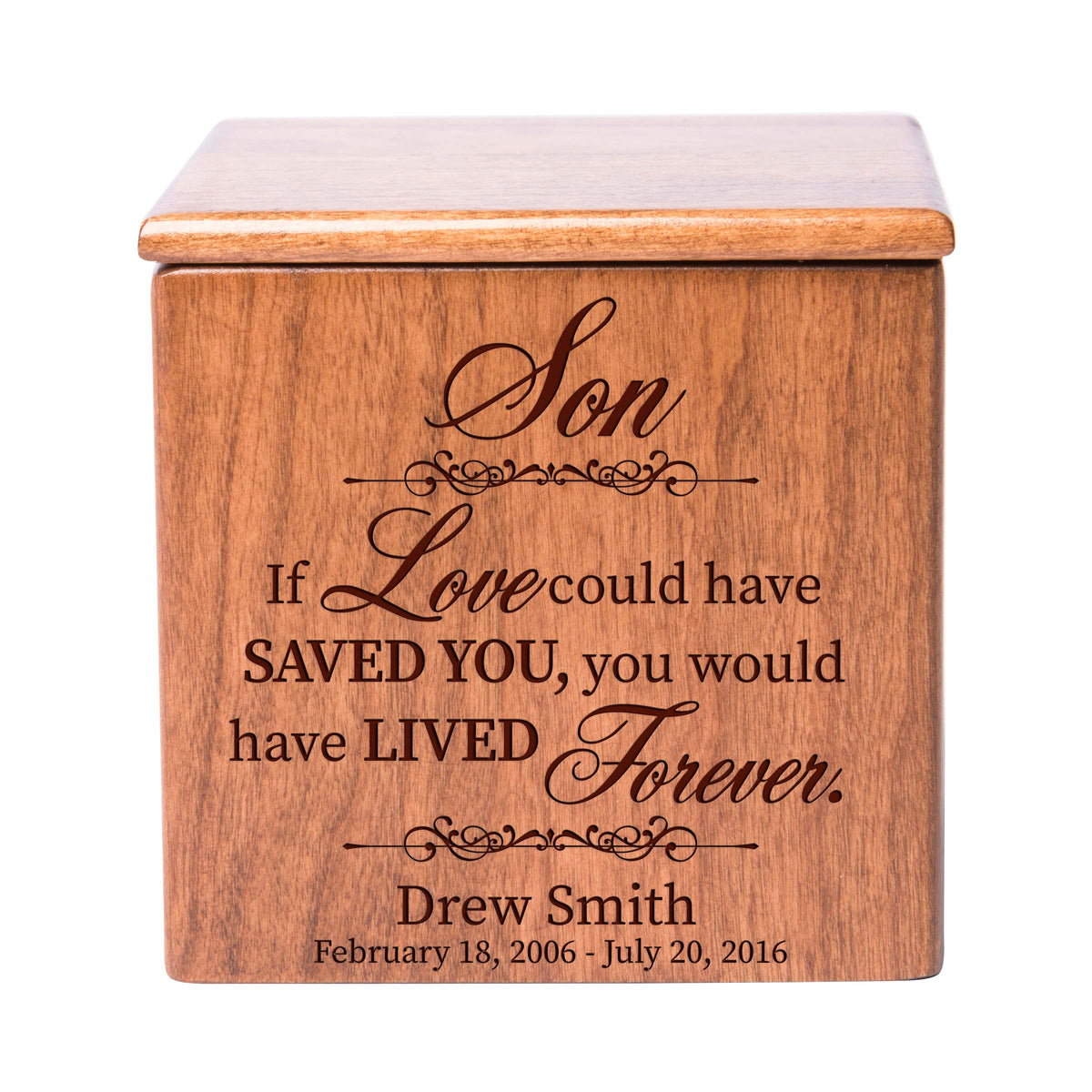 Personalized Small Wooden Cremation Urn for Son’s Ashes