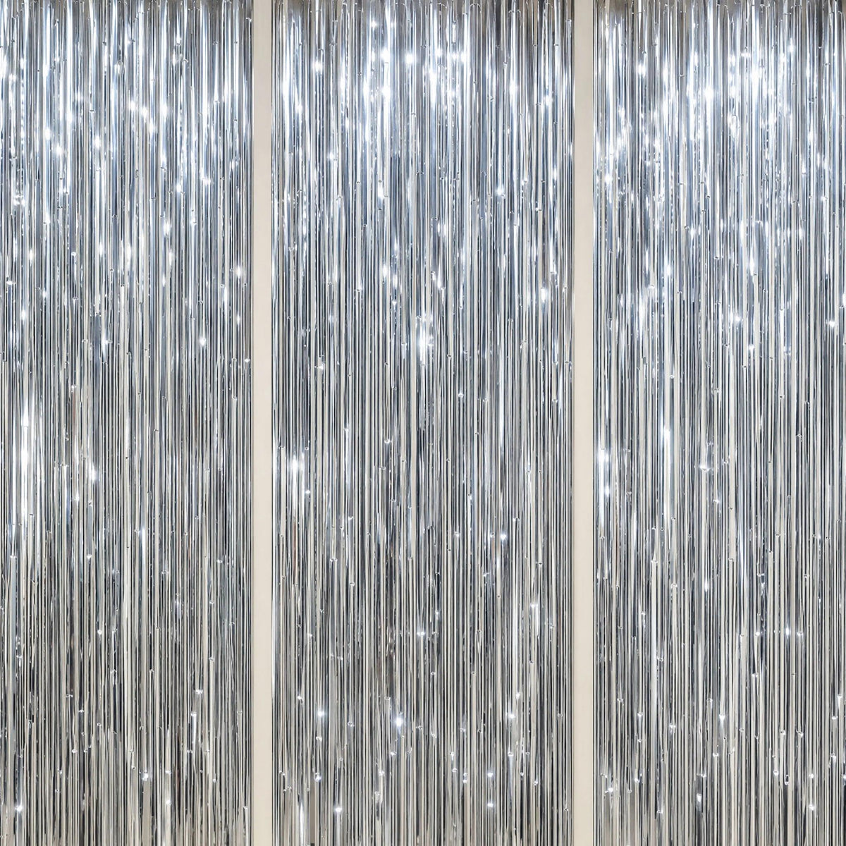 3-Pack Metallic Foil Fringe Backdrop Curtains for Parties