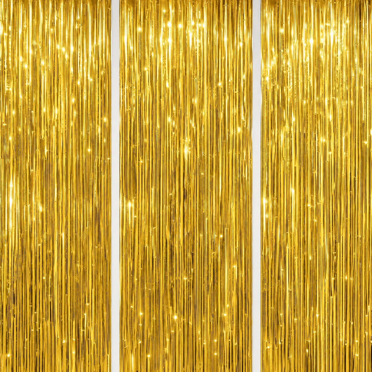 3-Pack Metallic Foil Fringe Backdrop Curtains for Parties