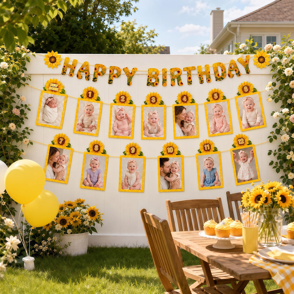 Msvphink Sunflower 1st Birthday Photo Banner Set – 29 pcs, Newborn to 12 Months Milestone Banner, Happy Birthday Banner & Gold "one" Cake Topper, 4x6 5x7 Photos, Baby Boy Girl First Birthday Decorations